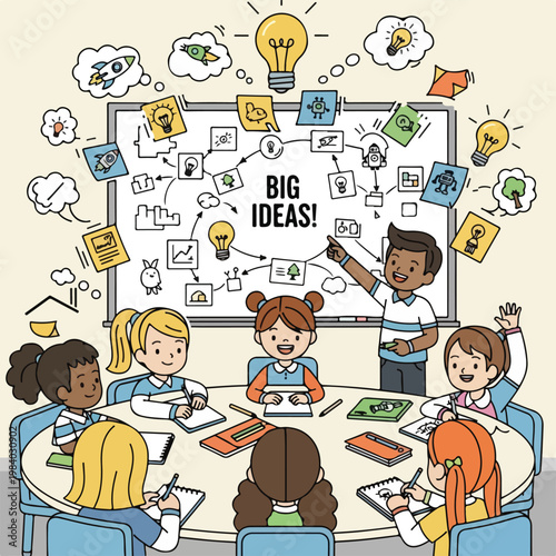 Group of children in classroom discussion.