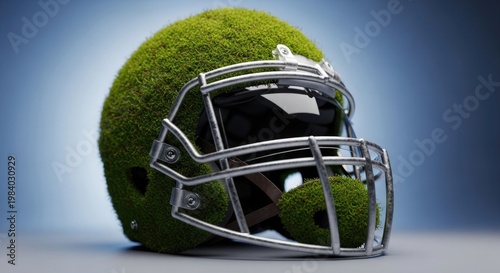 Football helmet covered in moss nature reclaiming sport