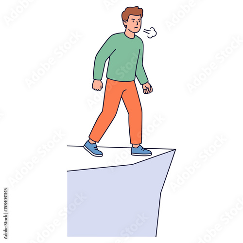 Man stepping off cliff edge in green shirt and orange pants feeling anxious