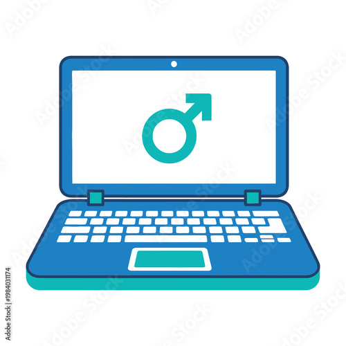 Laptop computer with male gender symbol on screen isolated on white background for web design