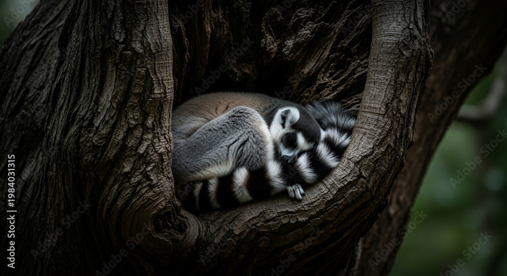 Fototapeta premium A ring-tailed lemur curled up and resting comfortably inside a hollow tree trunk in a shaded forest area