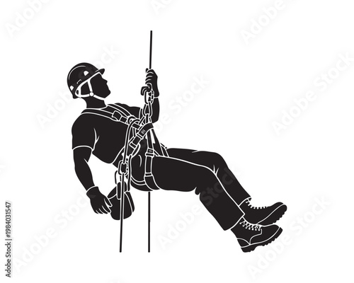 Foto construction worker silhouette, worker hanging safety rope vector, rope access w