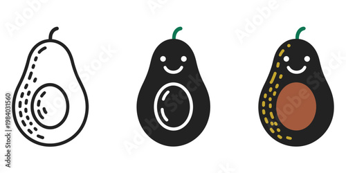 Avocado illustration set with line art black and colored versions on white background for healthy food and nutrition concepts, fresh organic fruit design, minimal and vibrant styles, modern vector 