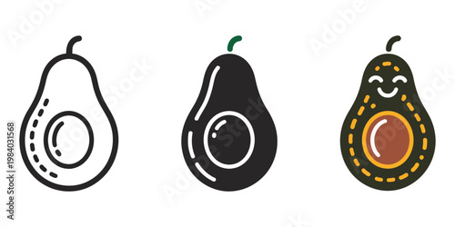 Avocado illustration set with line art black and colored versions on white background for healthy food and nutrition concepts, tropical fruit illustration, clean outline and flat color styles, natural