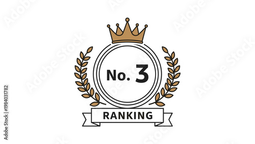 Bronze-toned third place ranking badge with crown and laurel wreath for award ceremonies or prestigious competition winners.