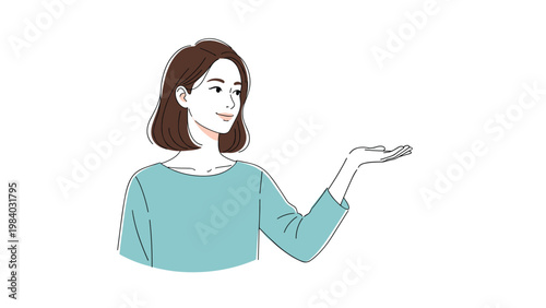 Young smiling woman in casual clothes presenting or holding something invisible on her open palm with a welcoming look.