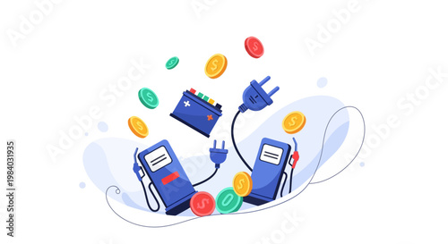 Whimsical vector art depicts the economic needs of the world, featuring energy inflation with gas pumps and a car battery connected by a power plug, illustrated in a bright, cheerful design
