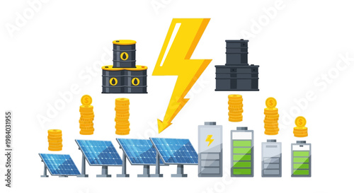 A vector illustration depicts the world's energy needs and the rising inflation in price of commodities, with icons showing solar panels, batteries, oil barrels, and coins against a clean
