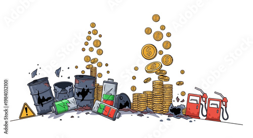 Vector illustration depicts a global energy inflation concept, showing a contrast between depleted oil barrels and batteries on one side and growing stacks of coins and fuel pumps