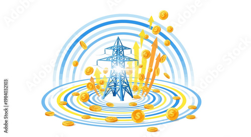 An illustration shows the global business needs related to energy inflation, depicted with a power tower surrounded by rising gold coins against a white background and graphic blue arcs
