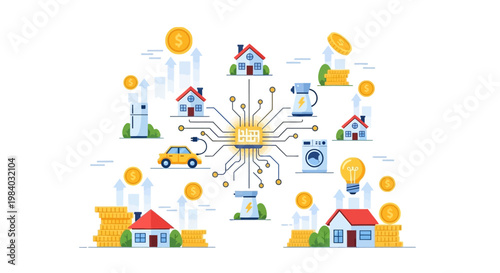 A vector illustration depicts rising energy prices and inflation affecting commodities, showing houses, a car, and appliances connected to a central chip, set against a clean white