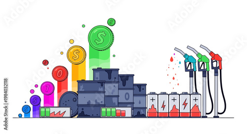 A vector art illustration depicting the world's energy inflation and rising prices, featuring an icon design of natural resources and commodities shown as stacked barrels and batteries