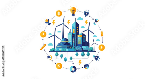 Vector illustration depicting energy inflation with stylized icons around a city skyline, showing the world's needs in commodities and natural resources against a clean white background