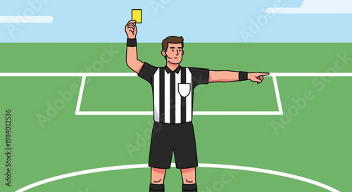 Referee holding yellow card on field.