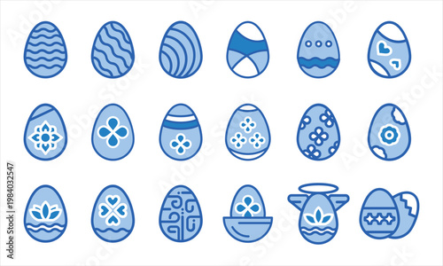 Set of Easter egg icons in outline style with decorative patterns for holiday celebration