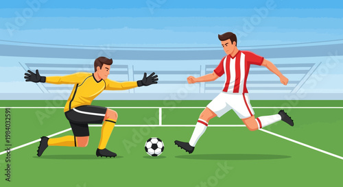 Soccer player kicks ball past goalkeeper.