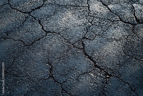 Close-up of cracked asphalt pavement with dark rough texture and branching fissures, evoking weathered decay and urban resilience
