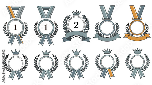 High quality collection of award medals and laurel wreaths in gold silver and bronze for rankings and certificates.
