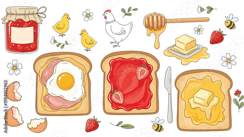Whimsical sweet and savory breakfast illustration set featuring toast with jam egg and butter honey and jam jar.