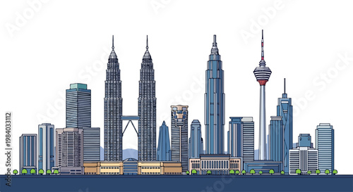 Illustration of the Kuala Lumpur city skyline with modern skyscrapers and towers against a white background.