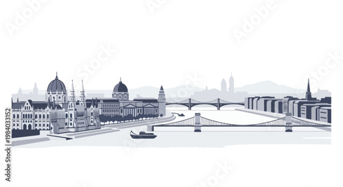 Monochromatic illustration of a cityscape with a river, bridge, and buildings in shades of gray on a white background.