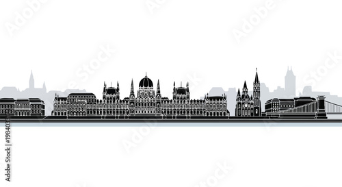 Black and white illustration of London cityscape skyline with famous buildings and bridge against a white background.