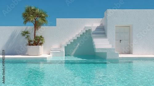 Diseño minimalista de piscina con reflejos cristalinos y elegante sombra de palmera proyectada sobre agua turquesa.
