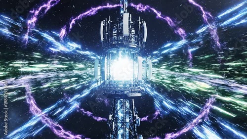 Futuristic tower emitting colorful wireless signals in a space environment 4k video