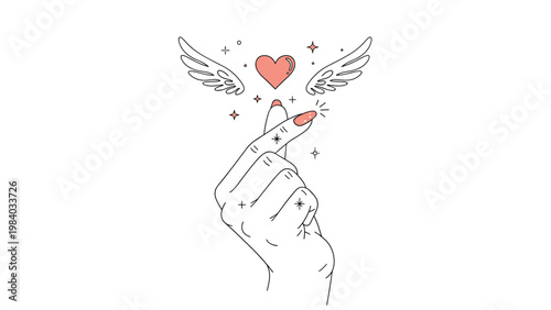 Hand making a finger heart gesture with a pink winged heart and sparkles representing love and Korean pop culture.