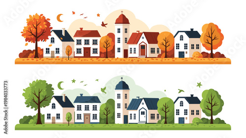 Contrasting townscape illustrations showing a row of houses and trees in both autumn and summer seasonal color palettes.