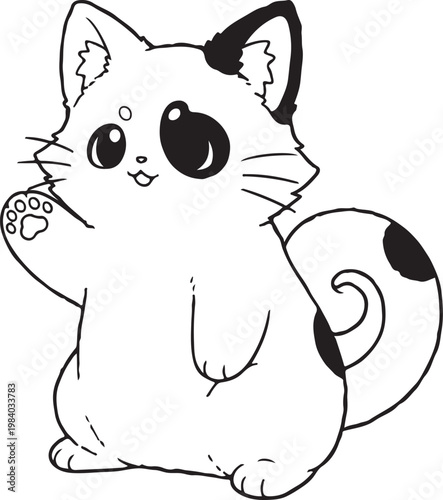 Cute cartoon cat waving its paw with big eyes and spots for kids coloring book. Vector, illustration