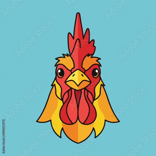 Colorful cartoon rooster head illustration closeup.