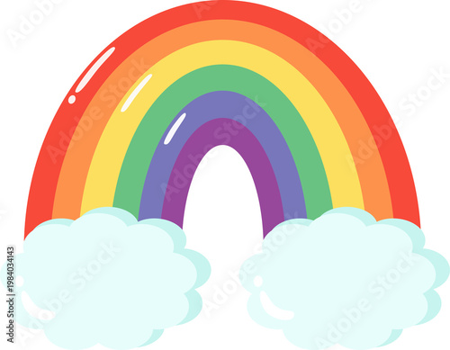 Cute Colorful Rainbow with Fluffy Clouds Illustration, Vibrant Cartoon Rainbow Arch Isolated for Kids Design and Greeting Cards