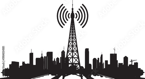 Silhouette of a large telecommunications tower emitting radio waves over a city skyline Vector, illustration