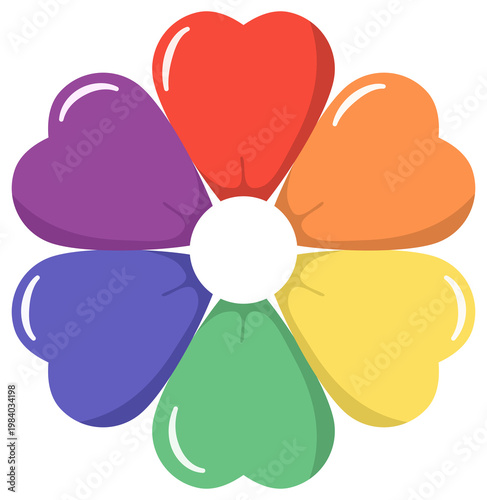 Rainbow Pride Flower with Heart Shaped Petals, LGBTQ Equality Symbol, Cute Colorful Floral Illustration Isolated for Pride Month