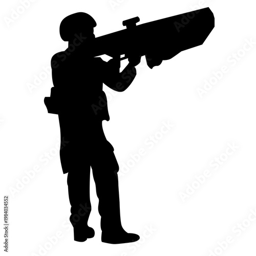 soldier using anti drone gun future war technology jamming signal lost radar. laser gun for drone war, black vector icon silhouette.