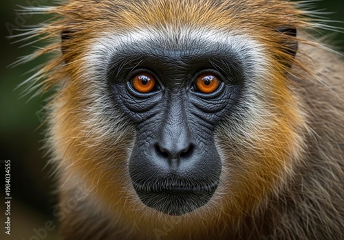 Close-up portrait of a monkey with striking orange eyes and golden fur
