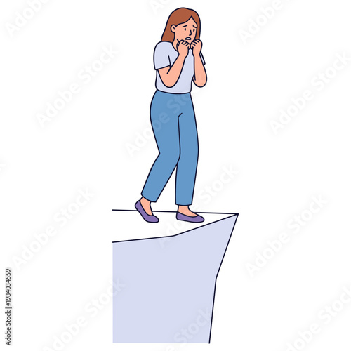 Woman standing on cliff edge looking worried and stressed alone