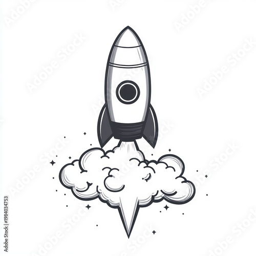 stylized rocket liftoff above a billowing smoke cloud with scattered stars, playful energetic feeling of ascent and bold exploration