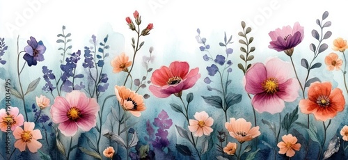 Delicate watercolor wildflower meadow with pink, purple and peach blossoms, leafy stems and buds on a soft blue wash evoking a serene whimsical mood
