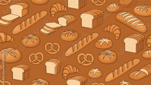 Repetitive pattern featuring various baked goods like bread loaves, baguettes, and croissants on a warm brown background.