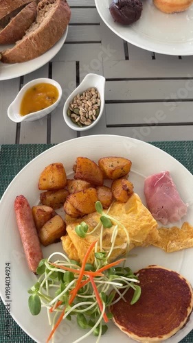 Luxury hotel breakfast on a table, healthy food selection with eggs, fresh greens, seeds, sausages, neatly arranged on white plates, clean elegant setting
