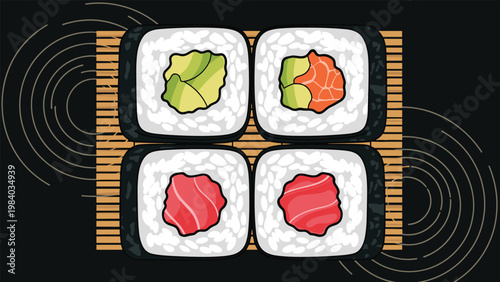 Top-down view of four pieces of sushi rolls with avocado and salmon fillings placed on a traditional bamboo mat.