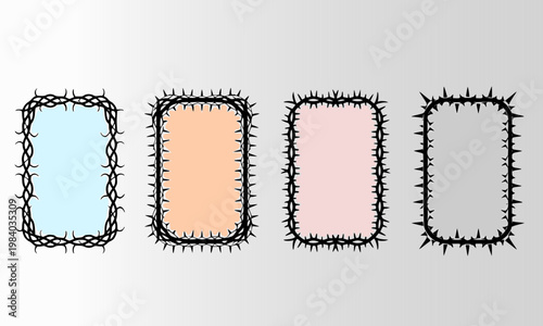 Set of four decorative thorn branch frames with pastel backgrounds in gothic style, perfect for dark aesthetic, tattoo, Halloween, and edgy design concepts