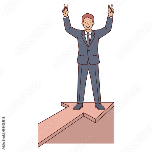 Businessman Celebrates Victory on Top of a Step