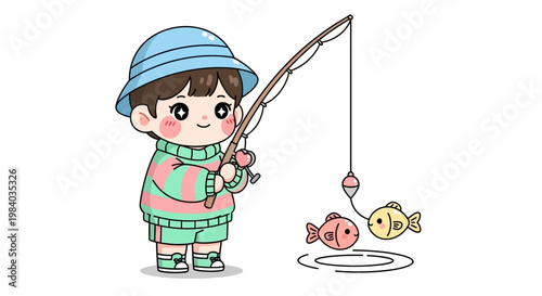 Cartoon boy fishing with fish.
