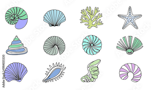 Colorful pastel hand-drawn sea shells, starfish and coral collection set, perfect for beach, ocean, marine life, summer and nature design concepts
