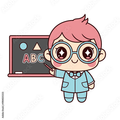 Cartoon boy with glasses standing.