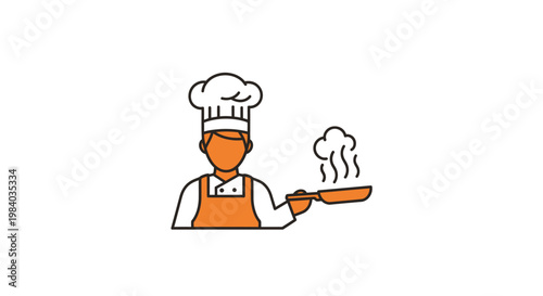 Cartoon chef holding frying pan.