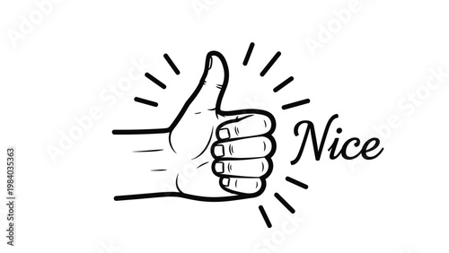 Simple black and white hand drawn icon of a thumbs up gesture with the word Nice in elegant script font on a white background.